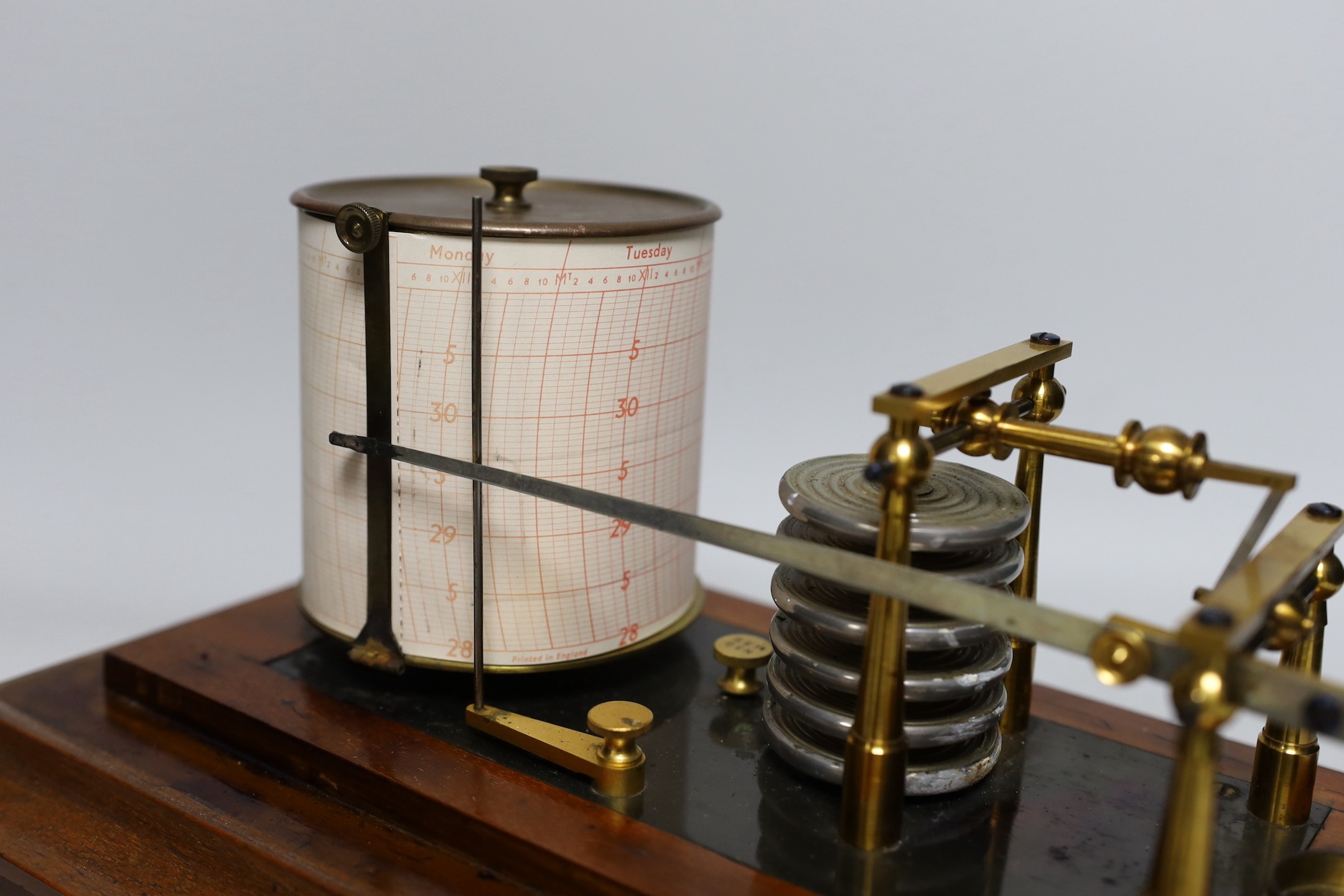 An early 20th century mahogany cased barograph. 38cm wide